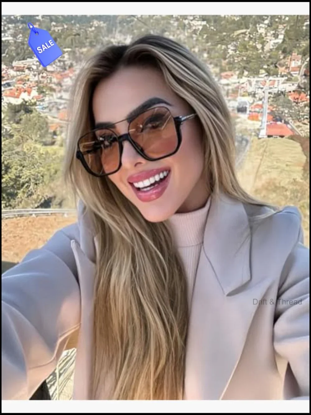 Retro Oversized Aviator Sunglasses Square Double Bridge Pilot Shades